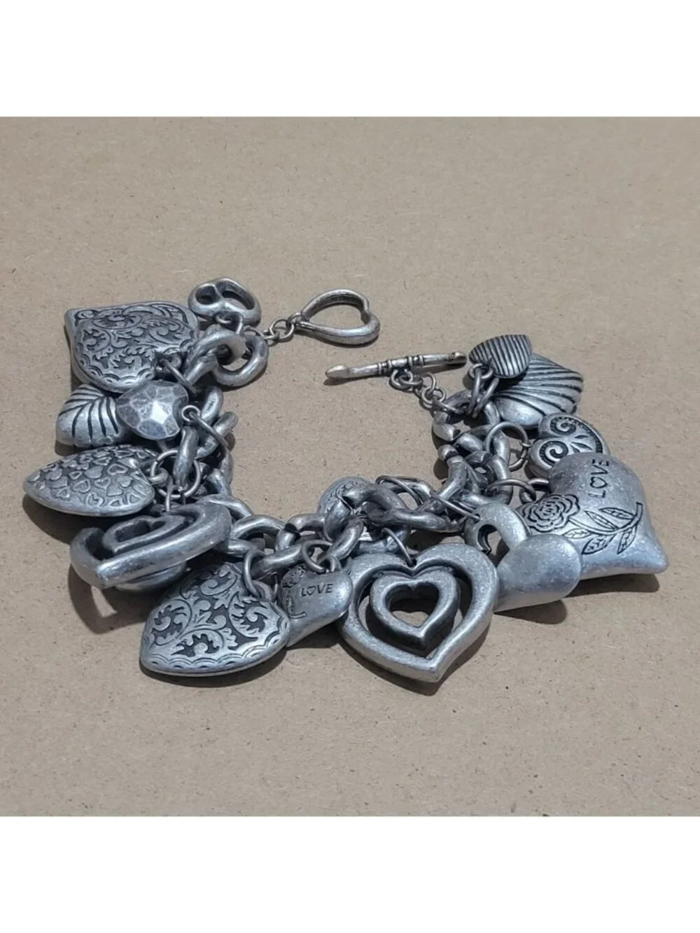 Chunky Silver Tone Charm Bracelet Multiple Puffed Heart Charms Varied Decorative